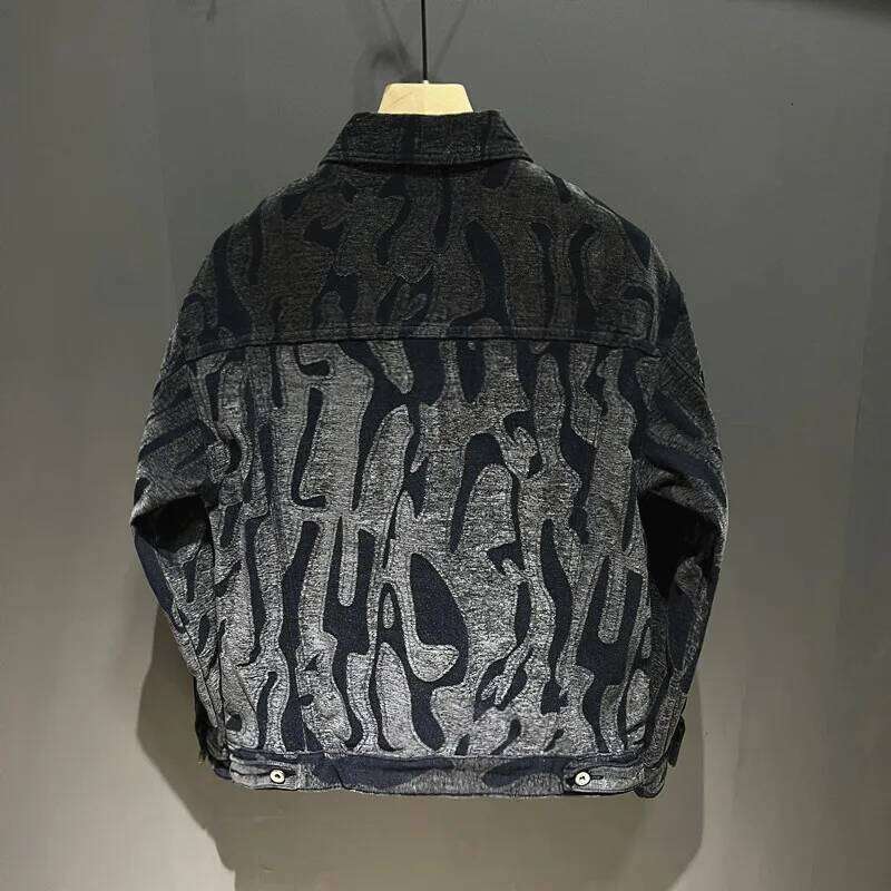 High-End American Loose Casual Leopard Print Denim Jaet Men's Haome INS Workwear ket Autumn Sle Cotton Polyes...