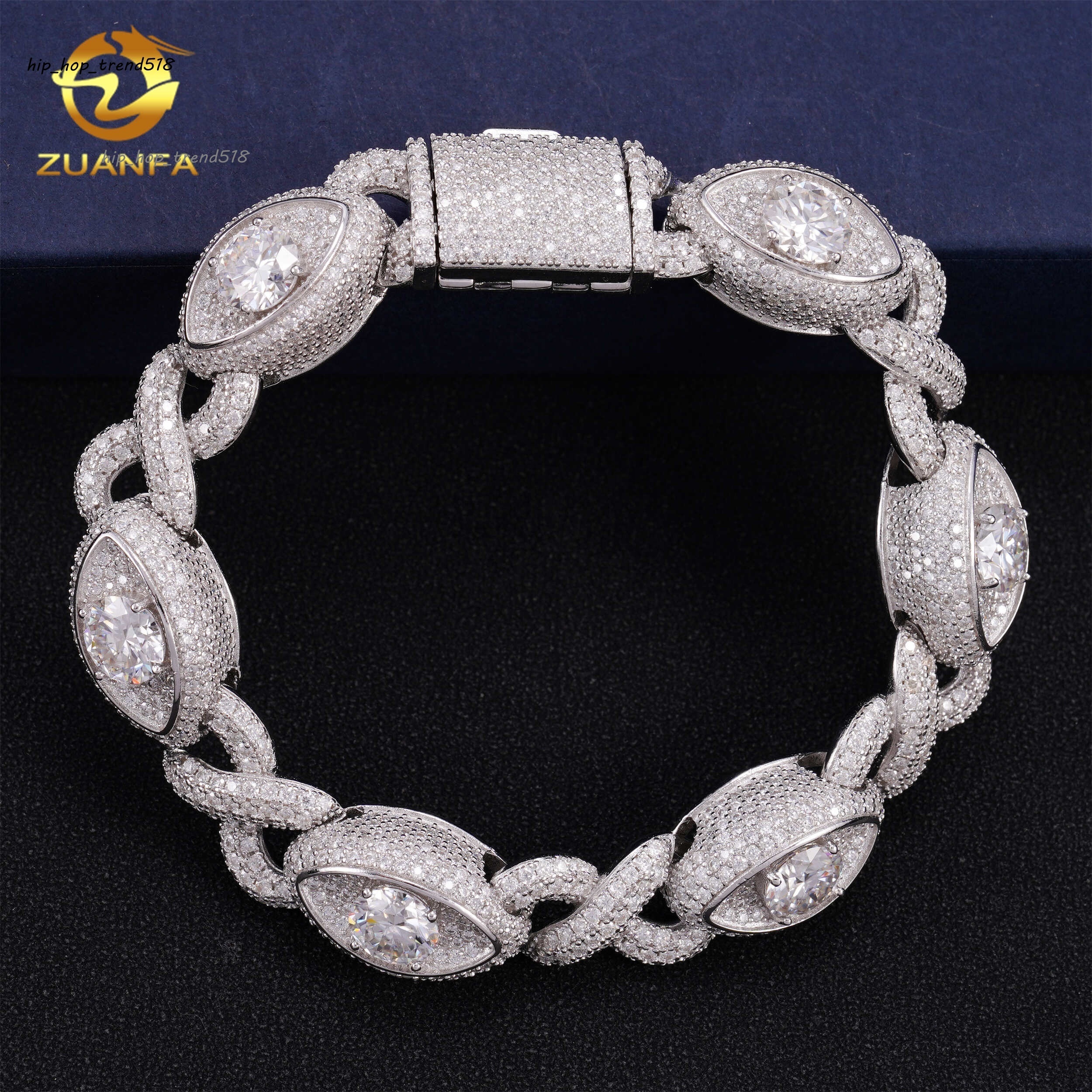 New Trendy Custom 13mm Hip Hop Iced Jewelry 925 Sterling Silver Fully Iced Out VVS1 Moissanite Diamond Evil Eyes Cuban Bracelet