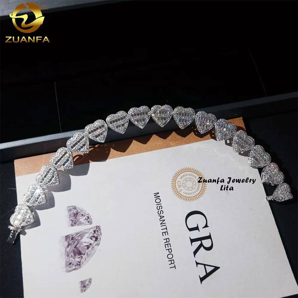 Hip Hop Fashion Heart Shape Baguette Design 925 Silver 13mm Moissanite Cuban Link Bracelet