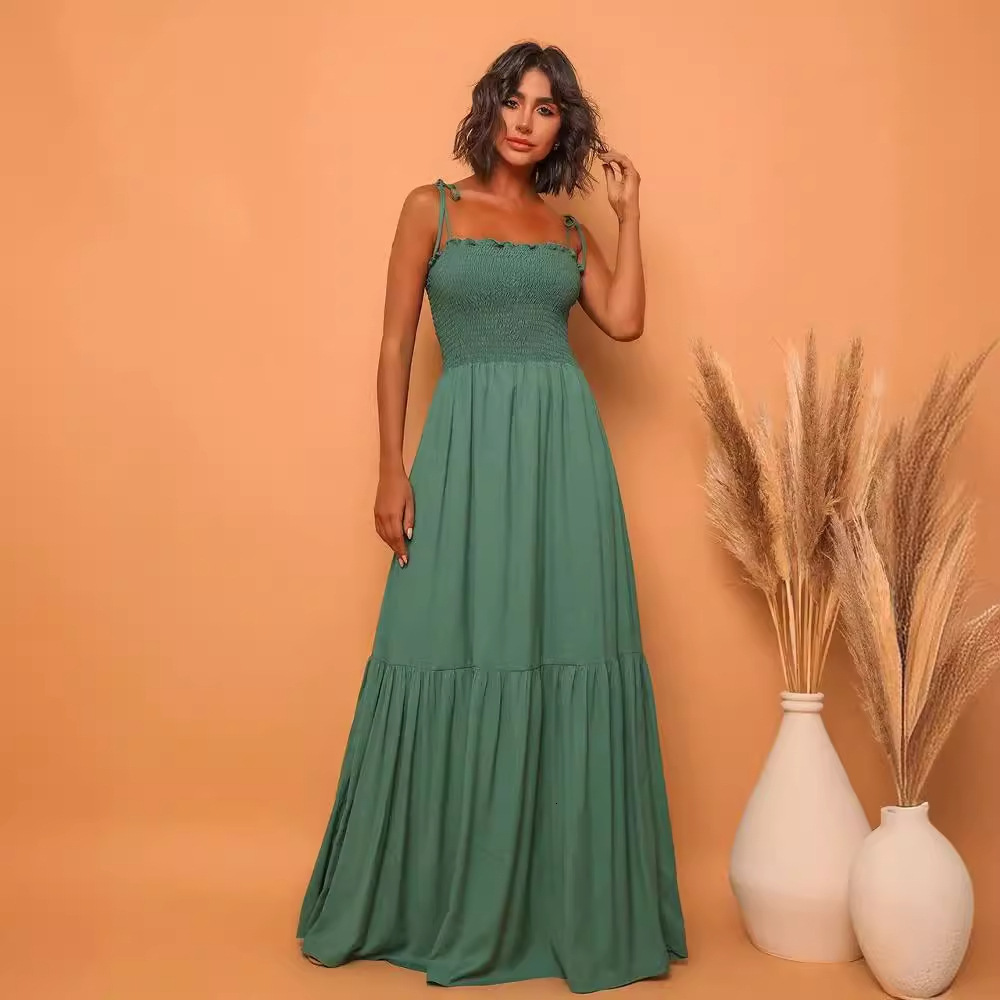 2023 Solid Color High Waist Slimming Elegant Strap Flared Long Dress Luxury