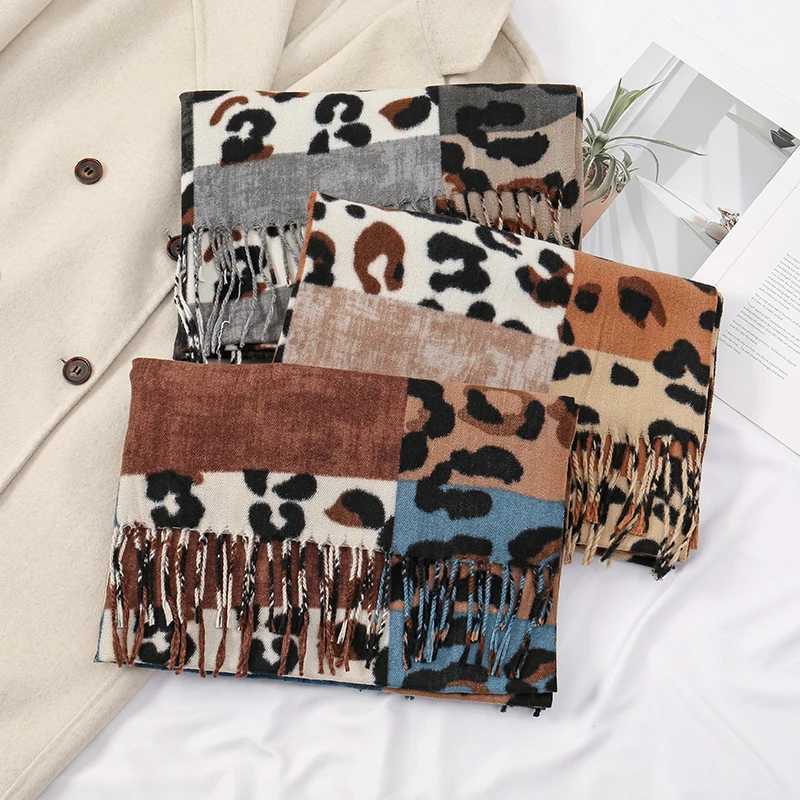 Newest Imitation Cashmere Tassel Scarf Leopard Print Color Blocks Splicing Together Shl Wr Winter Warm 2024 Hot Sale ScarfXJ250905