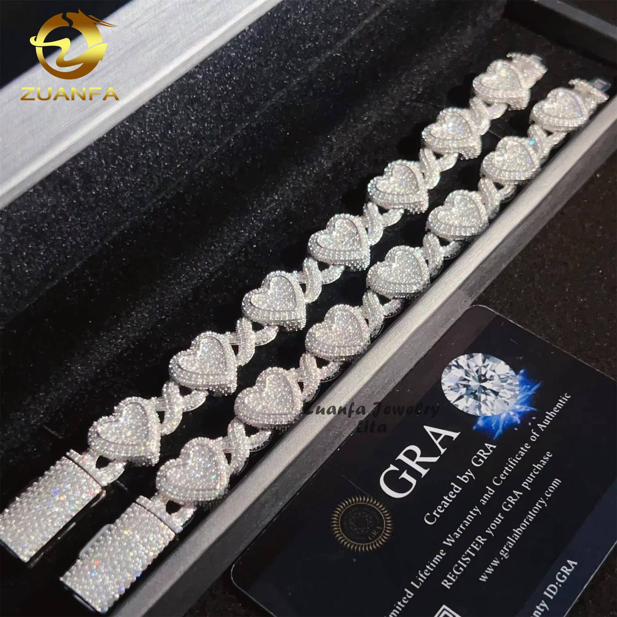 Iced Out Jewelry Heart Infinity Hip Hop Sparkle 925 Sterling Silver VVS Moissanite Diamond Cuban Link Bracelet