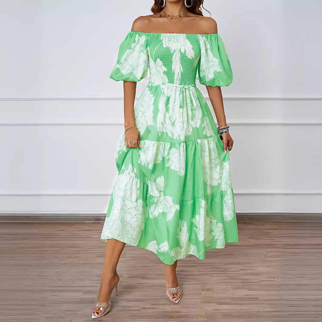 Summer New Elegant Printed OffShoulder Puff Sleeve Fashion Flared Dress