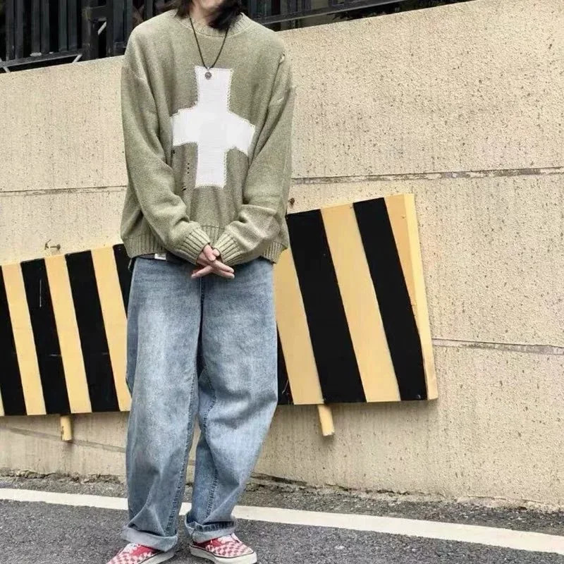 KAPITAL cross broken holes round neck knit sweater fall and winter retro pullover loose longsleeved 250905