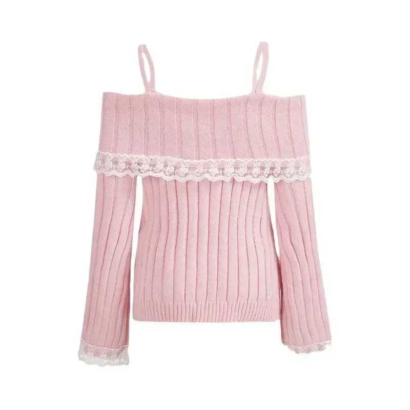 Women Off Shoulder Knit Sweater Pink Pullover Sweet Pullovers Long Sleeve Bow Lace Patchwork Jumpers Y2k Streetwear Z250905