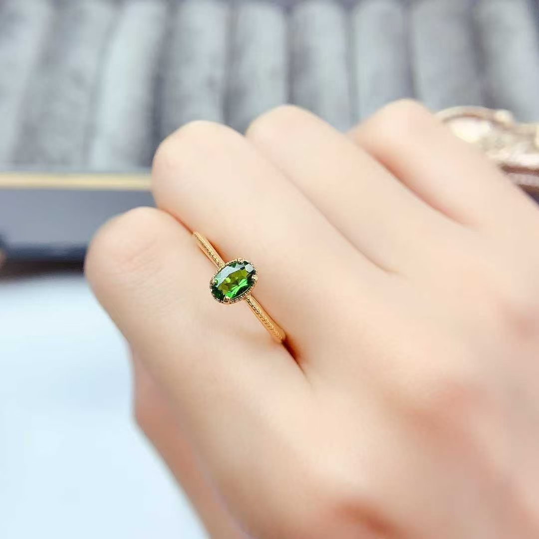 Simple 925 silver ring natural chrome diopside ring with certificate 18K gold plated sterling silver diopside jewelry