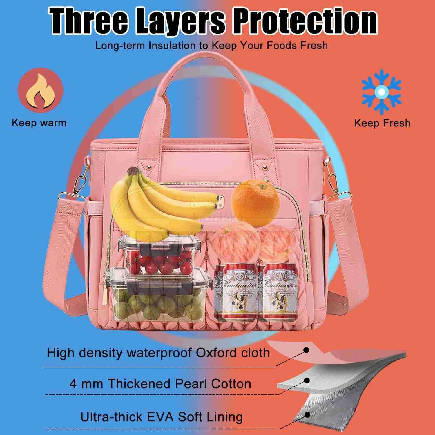 Insulated Lunch Bag Pink for WomenLeak Proof Lunch Box for WorkExtra Large Lunch Tote Bag With Removable Shoulder Strap with Side PocketsReusable Lunc