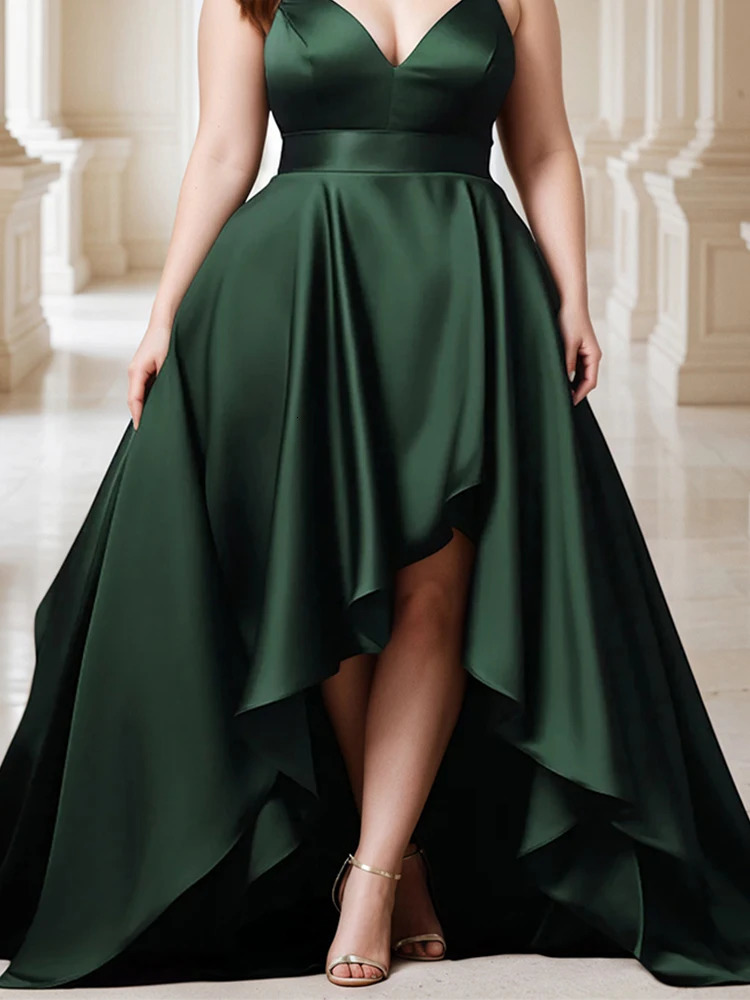 Women Plus Size Wedding Guest Evening Dress Spaghetti Strap Dark Green Satin Deep V Neck High Low Hem Elegant Cami Maxi 250905