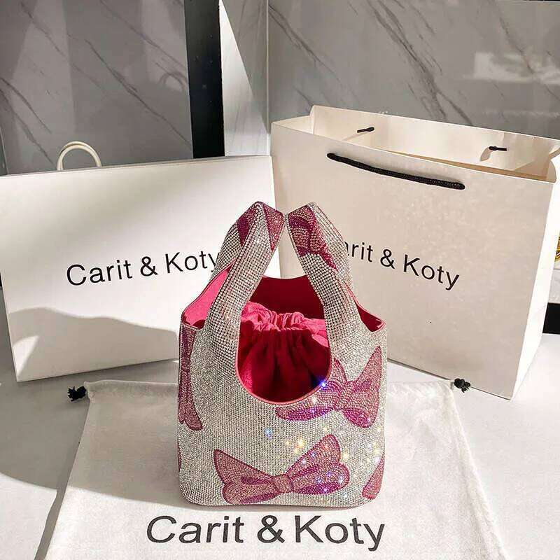 Glitter Shiny Rhies Dia Evening Clutch Purse Cute Cartoon Bow Knot Printing Bucket Women's Handbag Shoulder Bag