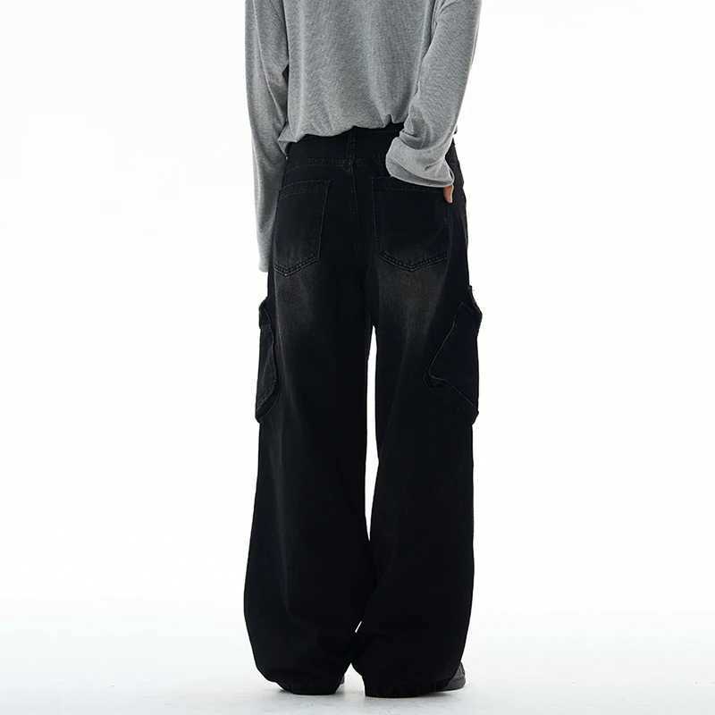 IEFB American Style Mens Jeans Washed Lager Double Pocket Contrast Color Streetwear Loose Wide Leg Male Cargo Denim Pants 9X427 W250905