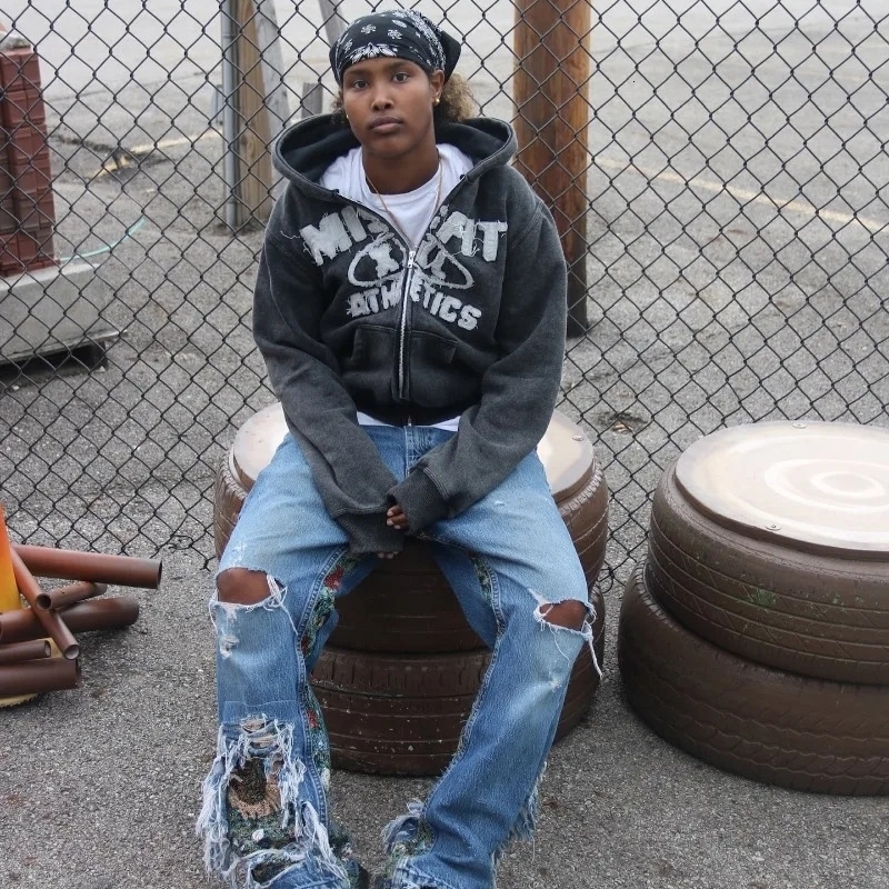 Gothic Fashion Oversized Letter ed Patch Zipper Hoodie Men Y2K Harajuku Vintage Hip Hop Casual Couple Sweatshirt 250904