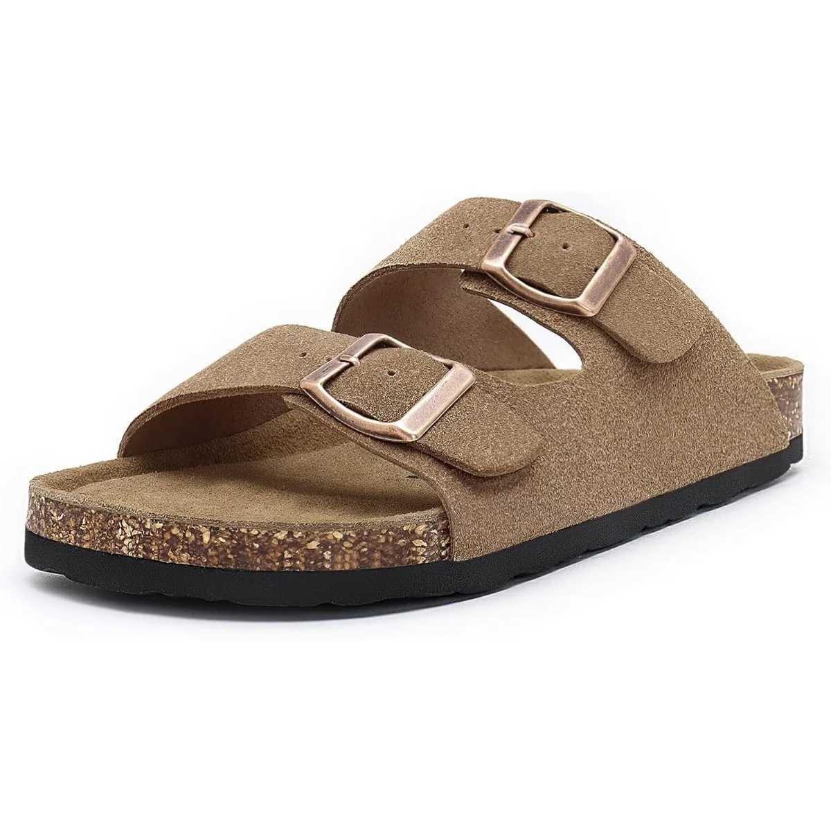 Womens Flat Sandals Cork Footbed Slide Sandals Arch Support Slip on Slides with Adjustable Buckle W250905
