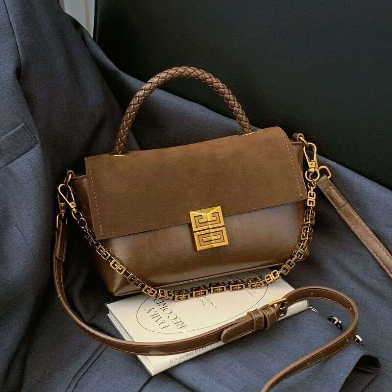 This Year's Popular Oil Wax Leather Splicing Design Small Square Bag, Elegant Women's Handbag, Versatile Frosted Single