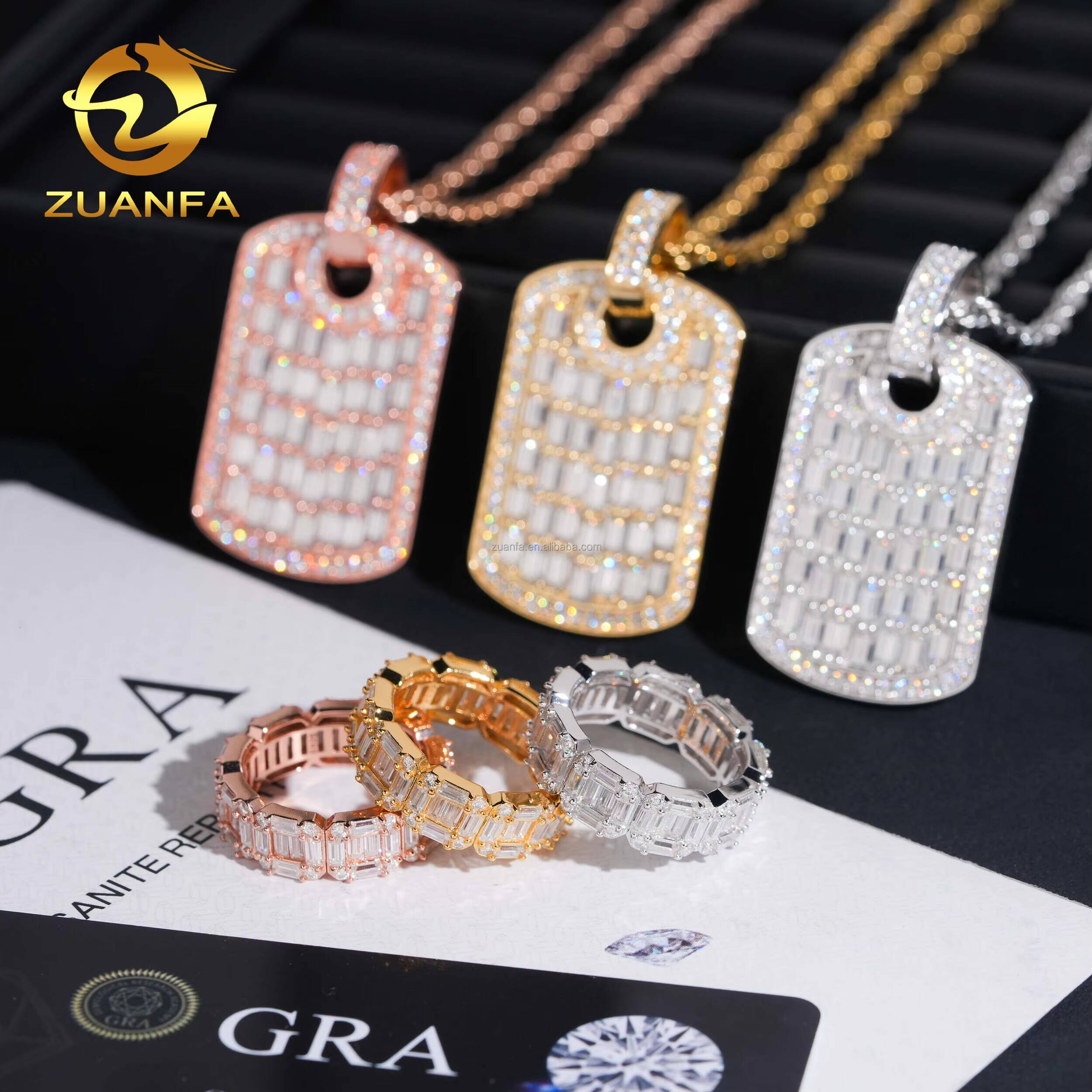 Drop Shipping Luxury Jewelry Hip Hop Pendant 925 Silver Vvs Baguette Moissanite Diamond Tag Pendant Band Ring Set With GRA