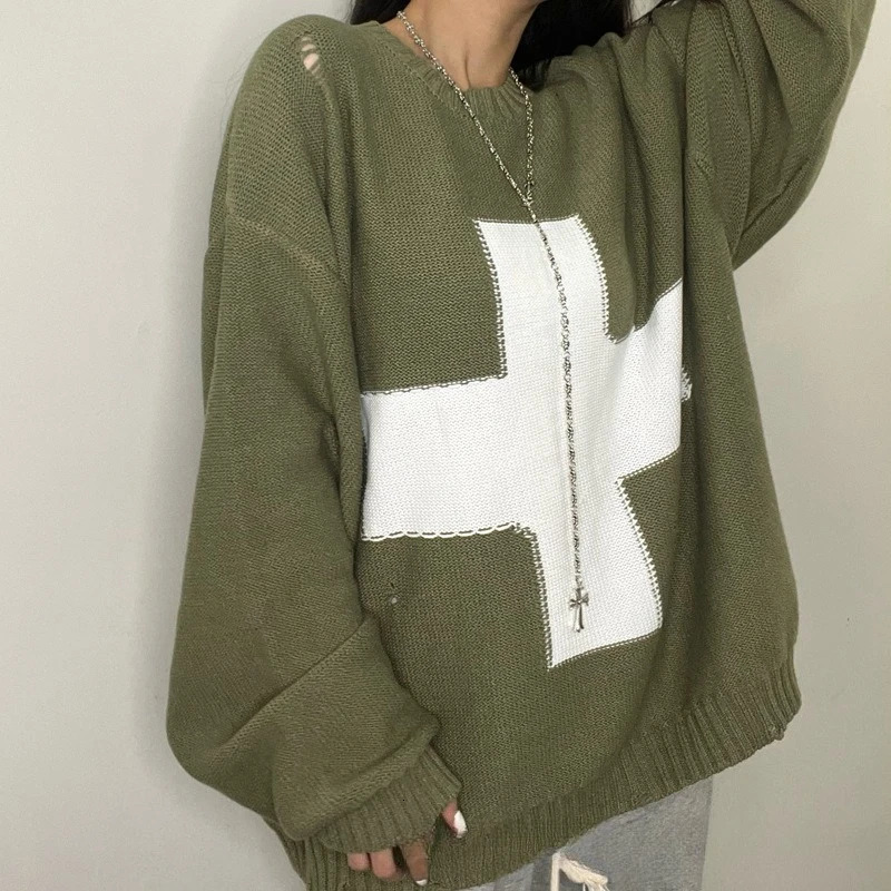 KAPITAL cross broken holes round neck knit sweater fall and winter retro pullover loose longsleeved 250905