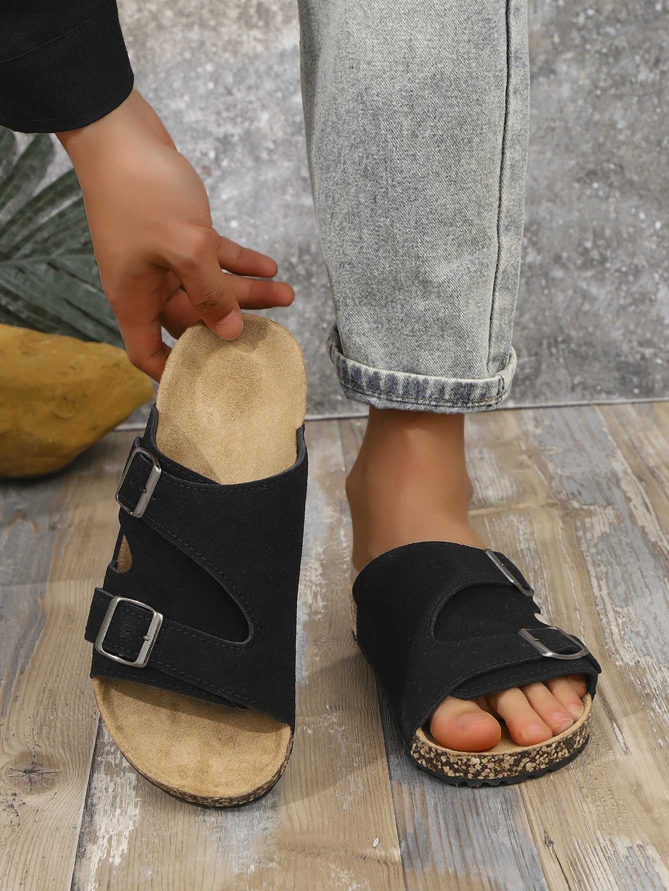 Mens Casual Simple Buckle Adjustable Set with Suede Upper Wood Grain SoftSoled Slippers W250905