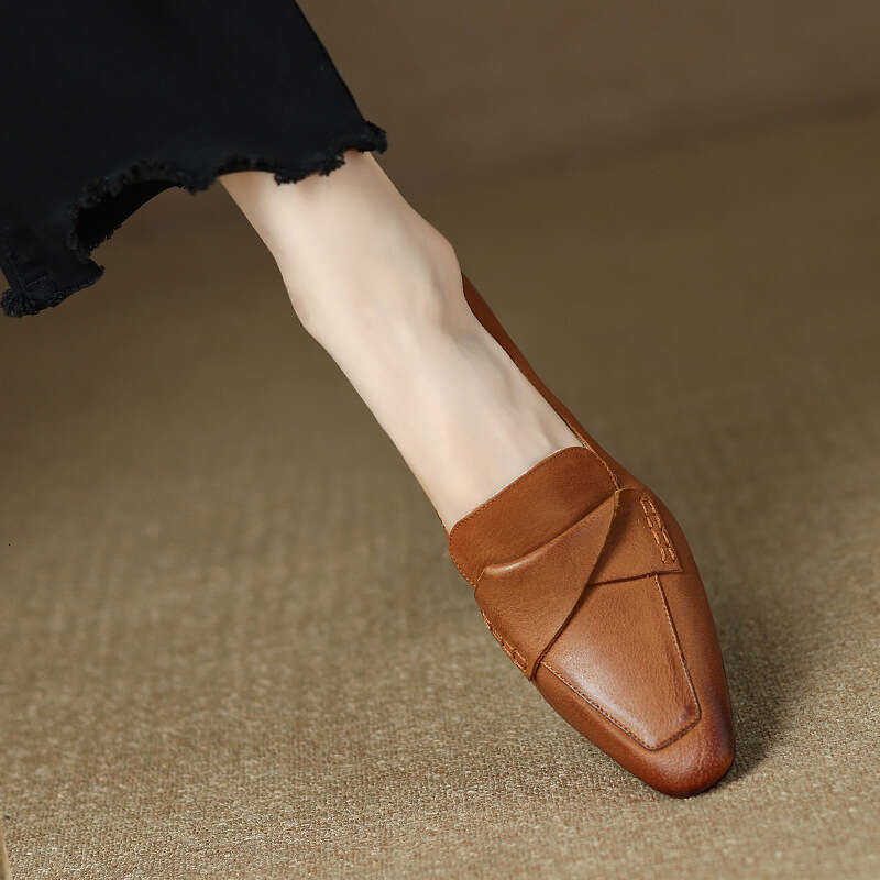 Brown French Style Pointed Toe Chunky Mid Leather Commuter Elegant Low Heel Women's Shoes