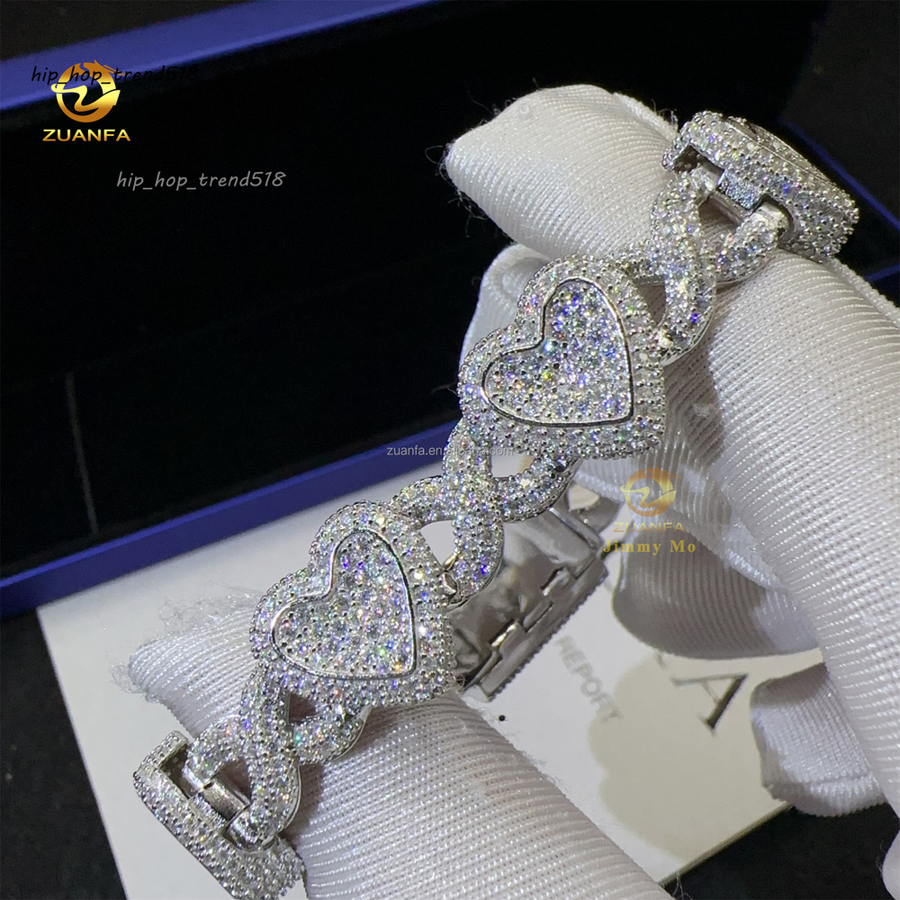 GRA Certificate Prong Setting Rhodium Plated White Iced Out Jewelry VVS1 Moissanite Diamond Heart Shape Hip Hop Cuban Bracelet