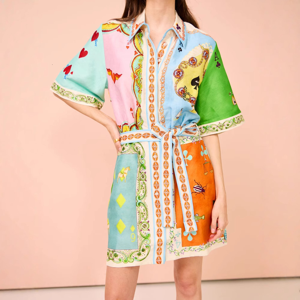 2025 SpringSummer Womens HighEnd Printed Vacation Lapel WaistCinching ShortSleeve Dress