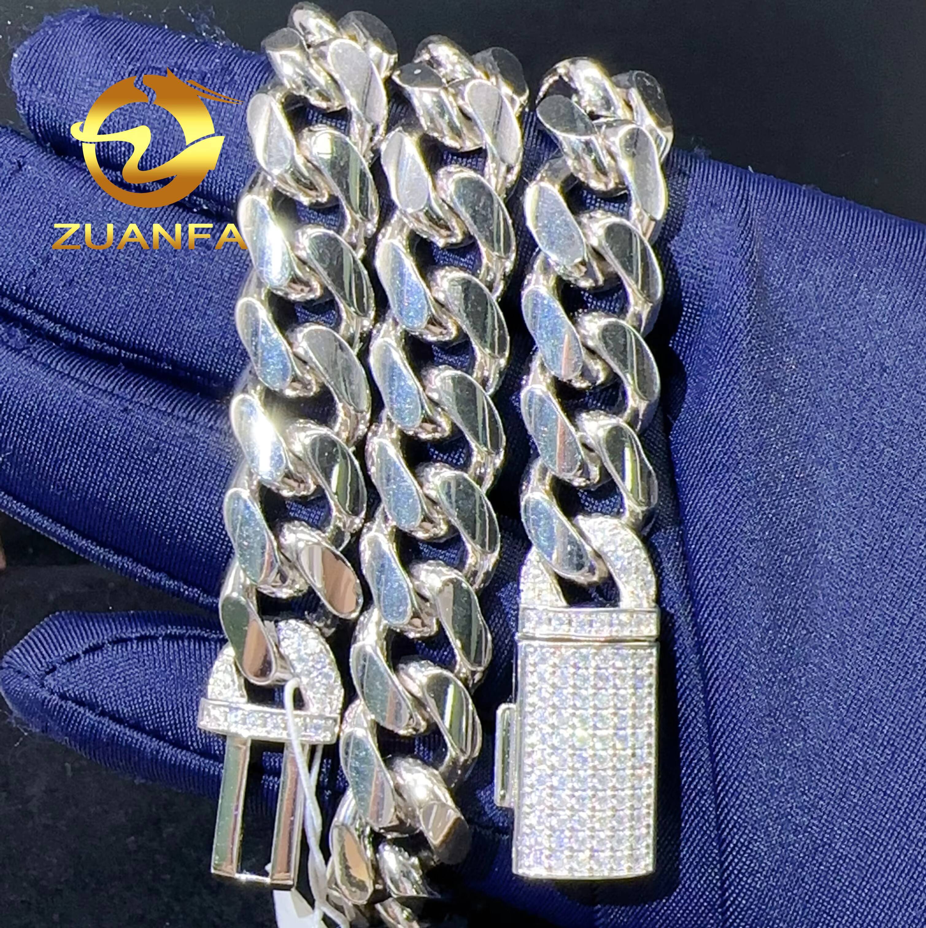Wholesale Hip Hop Jewelry Luxury 12mm Moissanite Clasp Solid Sterling Silver Miami Cuban Link Chain Necklace for Men