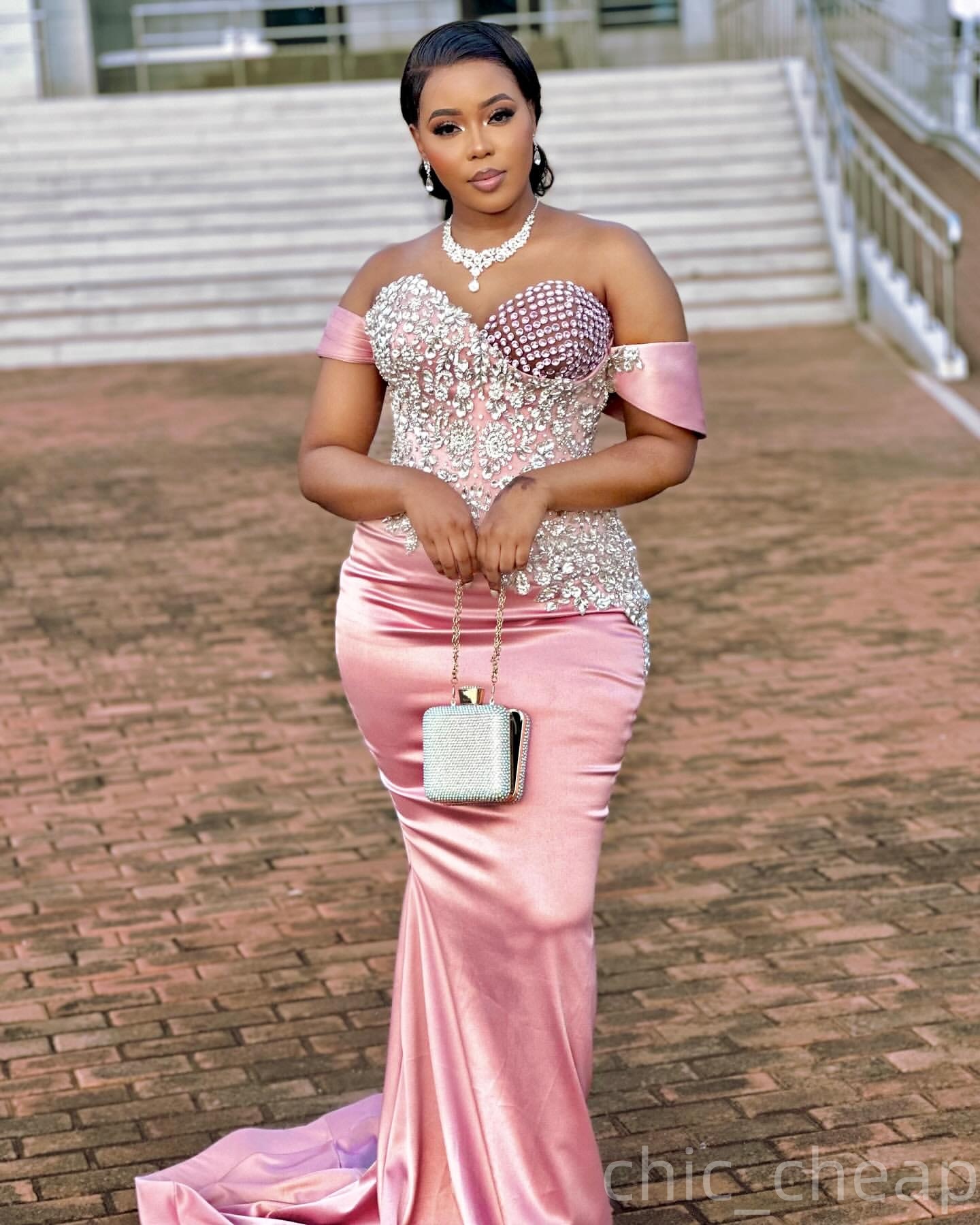 Aso Ebi Mermaid Pink Prom Dresses 2025 Beaded Crystals Satin Sweetheart Evening Formal Party Second Birthday Engagement Gowns Plus Size Dress For Spec