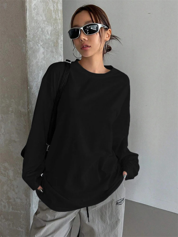 Women Basic Long Sleeve Loose Oneck Tshirt Autumn Winter Solid Color Tee Top Streetwear 250905