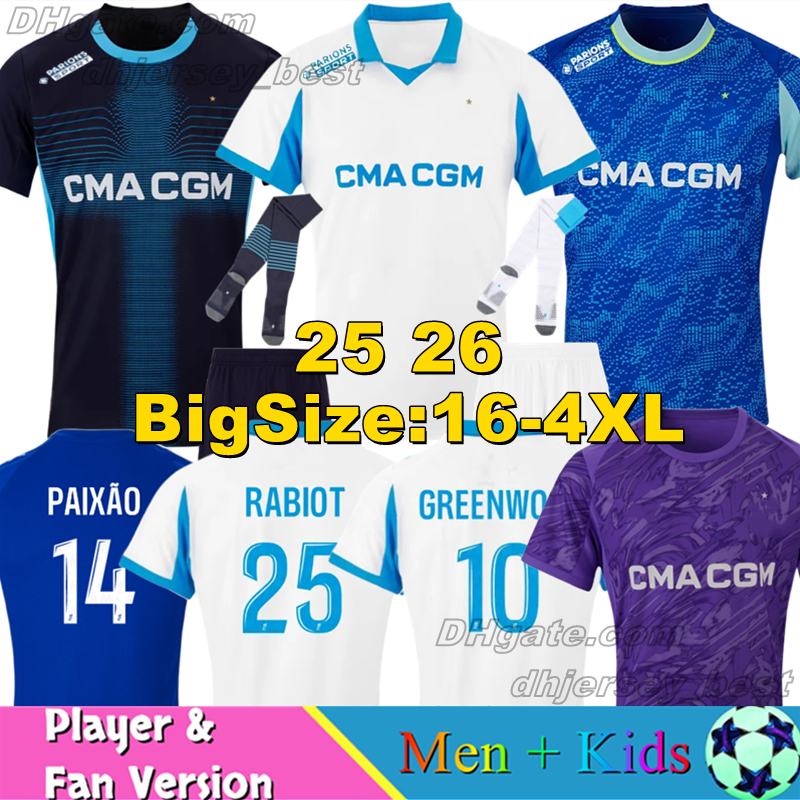 4XL 25 26 OM Marseile GREENWOOD Soccer jerseys GOUIRI RABIOT HOJBJERG RONGIER MURILLO MarseilleES 2025 2026 Marsei Goalkeeper RULLI Football Shirts Kids Kits