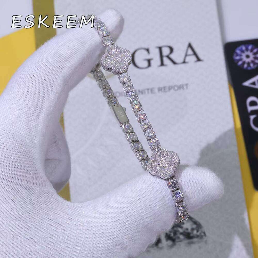 High Quality VVS Moissanite Four Leaf Clover Tennis Bracelet Sterling Sier Gold Plated Iced Out Women's Jewelry