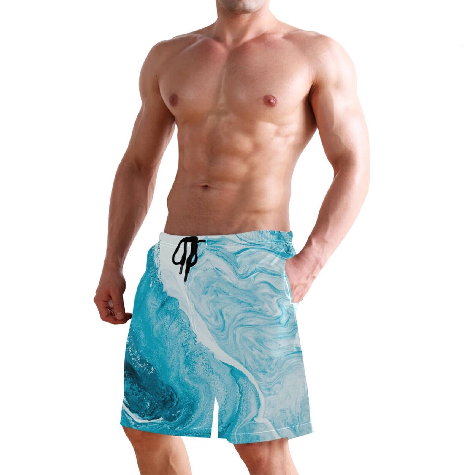 Quick Dry Summer Mens Siwmwear Beach Board Briefs For Man Swim Trunks Swimming Shorts Beachwear Fashion Marble Print