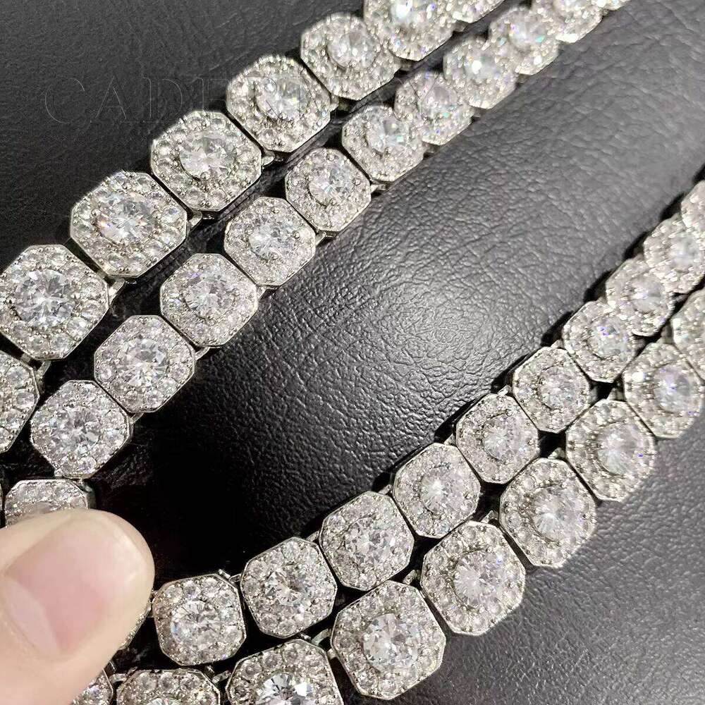 Hip Hop Jewelry 10mm 12mm Men's Cluster Square Tennis Necklace Pure Sier Iced Out Pyrope Chain