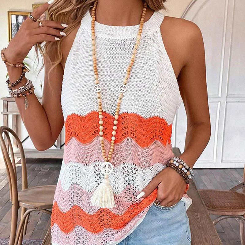 Designer Clothing Women's Knitted Sweater Contrast Color Hollow Vest