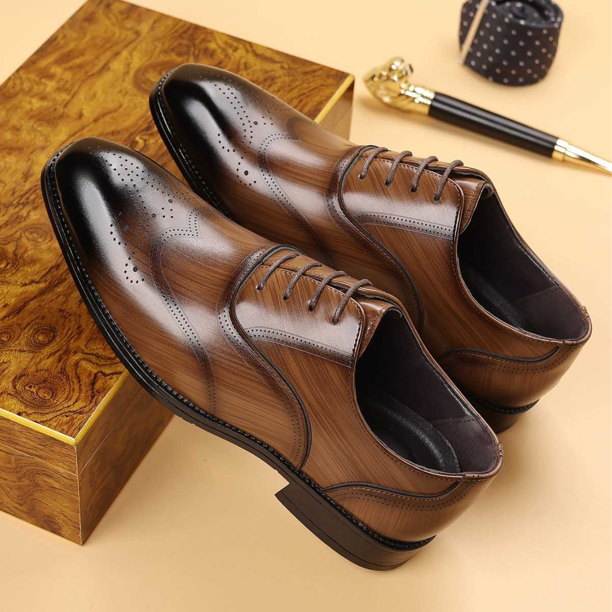 HPIOPL Quality 5505 Imitation Wood Grain Brogue Square Toe Shoes New Leather Shoes