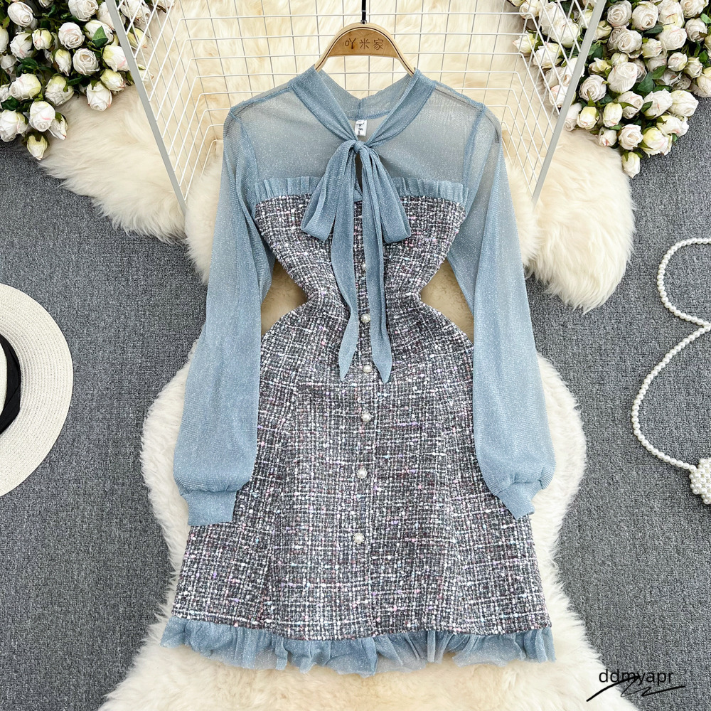 Casual Dresses Elegant Lady Small Fragrance Temperament Ribbon Bow Collar Soft Ruffle Patchwork Tweed Plaid Woolen Ddmydec Buttons Autumn