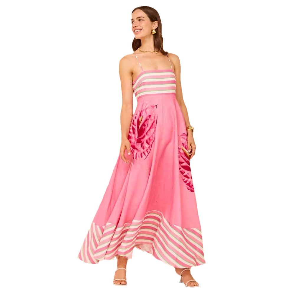 2024 Summer New Sexy Spaghetti Strap Elegant Printed High Waist Flared Dress for Women