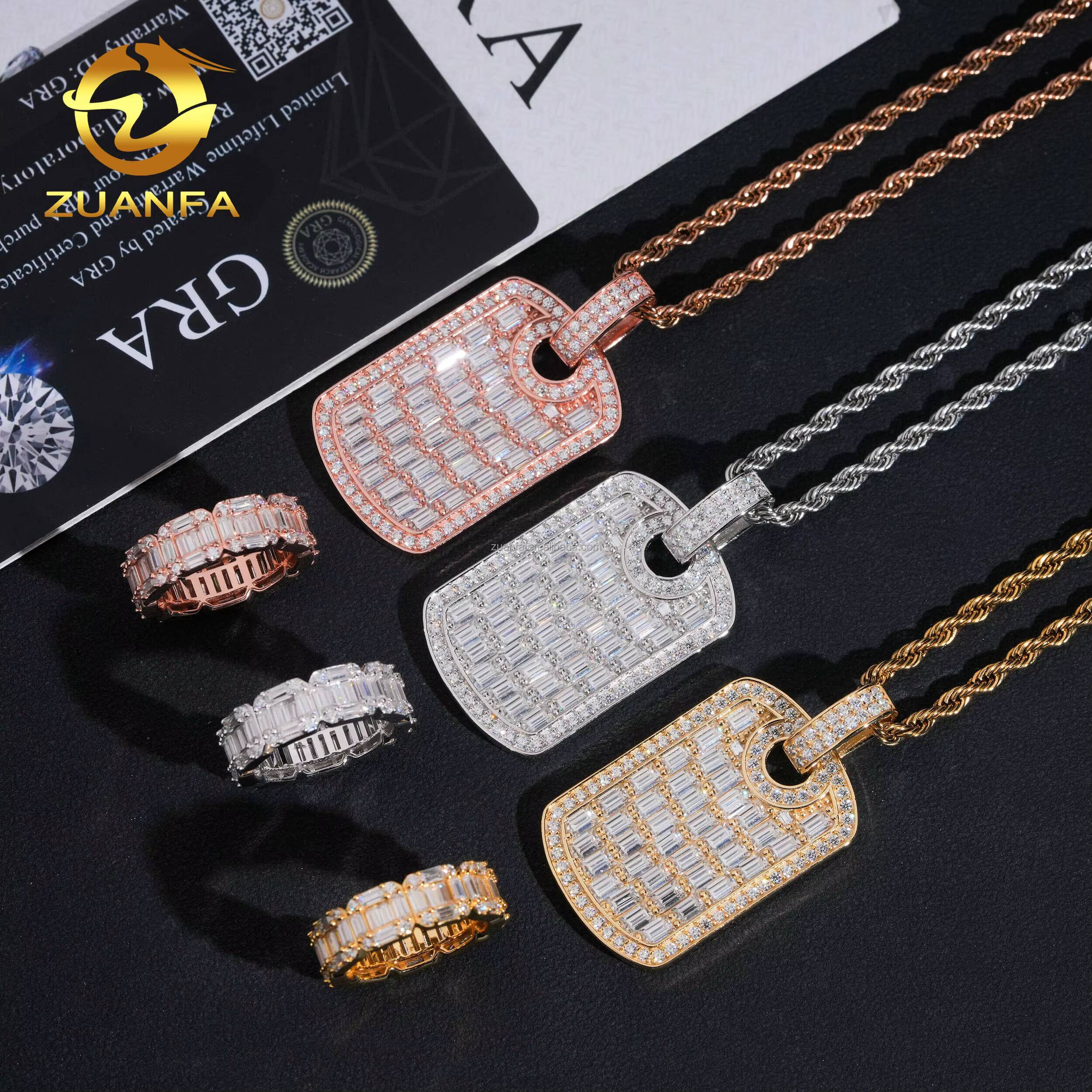 Drop Shipping Luxury Jewelry Hip Hop Pendant 925 Silver Vvs Baguette Moissanite Diamond Tag Pendant Band Ring Set With GRA