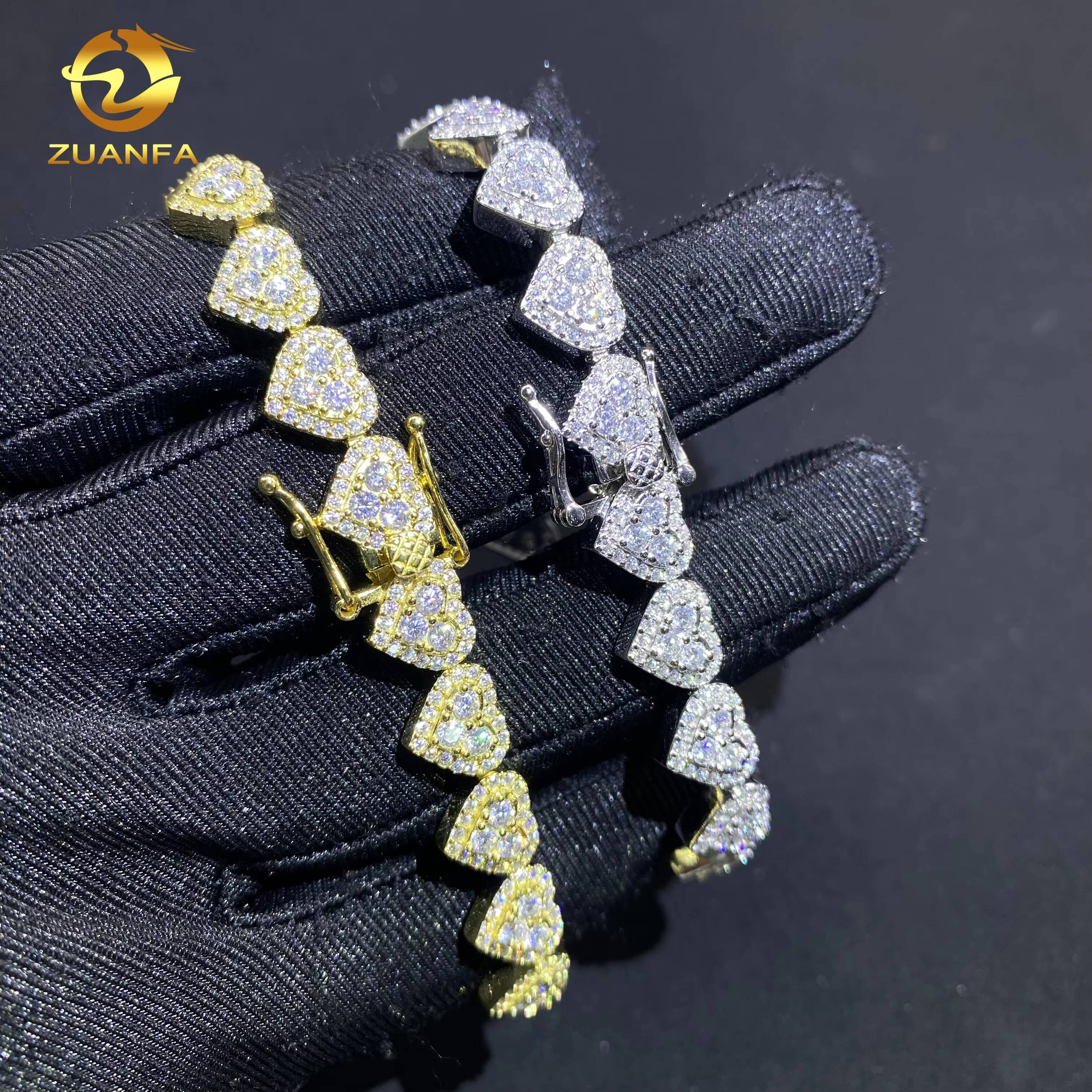 8mm Heart Shape Hip Hop Jewelry Iced Out Diamond Cuban Link Chain 925 Sliver VVS Moissanite Miami Cuban Chain Bracelet
