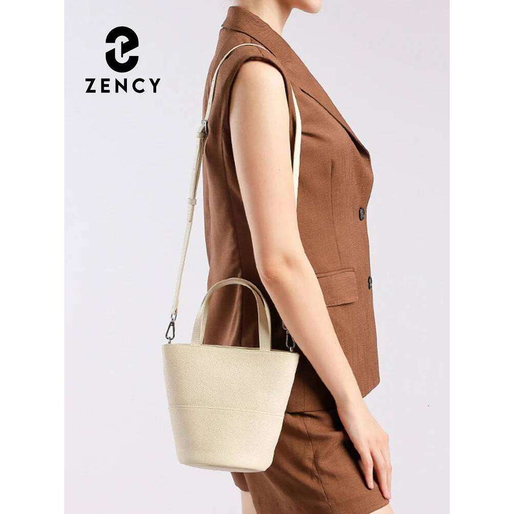 Zency Soft Genuine Leather Buckets Handbag Women Crossbody Bag Summer Autumn Large Pocket For Phone Sunglass Beige Shoulder