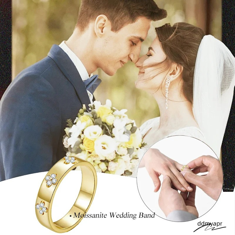 Fashion Womens Love Mens Designer Sterling Sier Lucky Clover Ring, Gold Plated D Color Round Cut Moissanite Wide ddmyday Band Ring For Women Dia