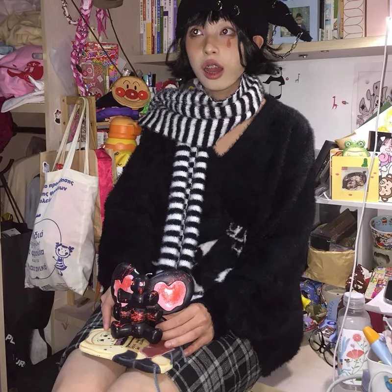 Karrram Gothic Skulls Sweater Grunge Dark Aesthetics Knitted Jumper Vneck Harajuku Loose Mohair Pullover Emo Alt Knitwear Y2k Z250905