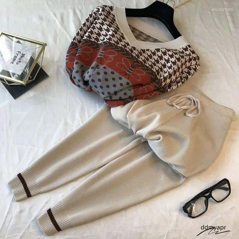 Women's Tracksuits Sweater Two Piece Sets Ankle-Length Pants Tracksuit Knit Outfits Women Vintage Print Long Sleeve Ddmydec V-Neck Patchwork