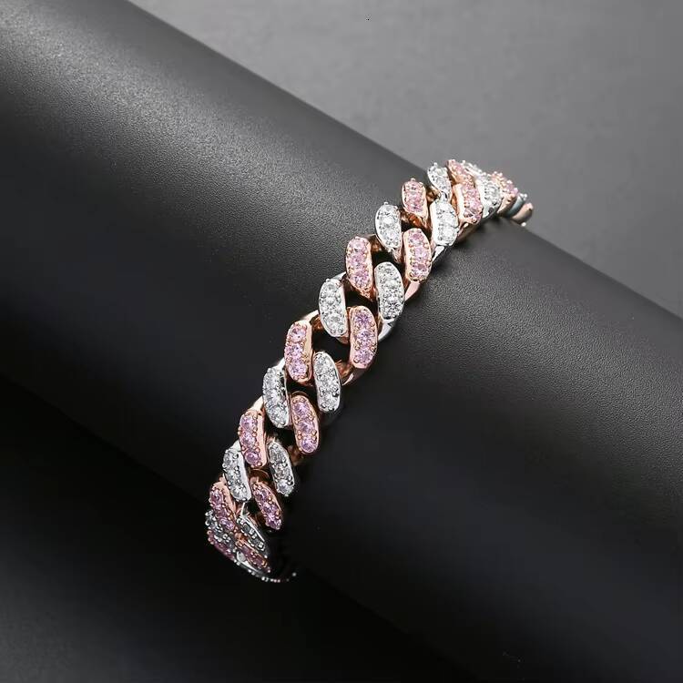 12mm 18k High Quality Hip Hop Men Diamond Chain Two Tone Pink Cuban Link Chain Necklace Jewelry