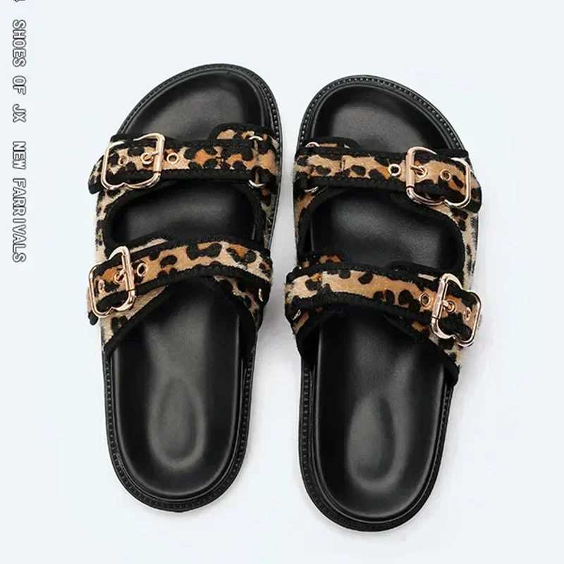 High Quality Leopard Metal Buckle Design Women Slippers Sexy Comfort Non Slip Slide Sandals Summer Size 43 Platform Flip Flops W250905