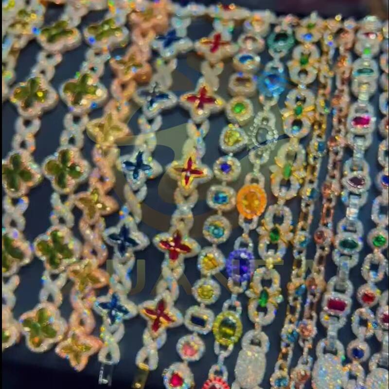 Hot Sale Colorful Moissanite Bracelet 925 Sterling Silver Gold Plated Hiphop Mens Mutilcolor Bracelets Gift