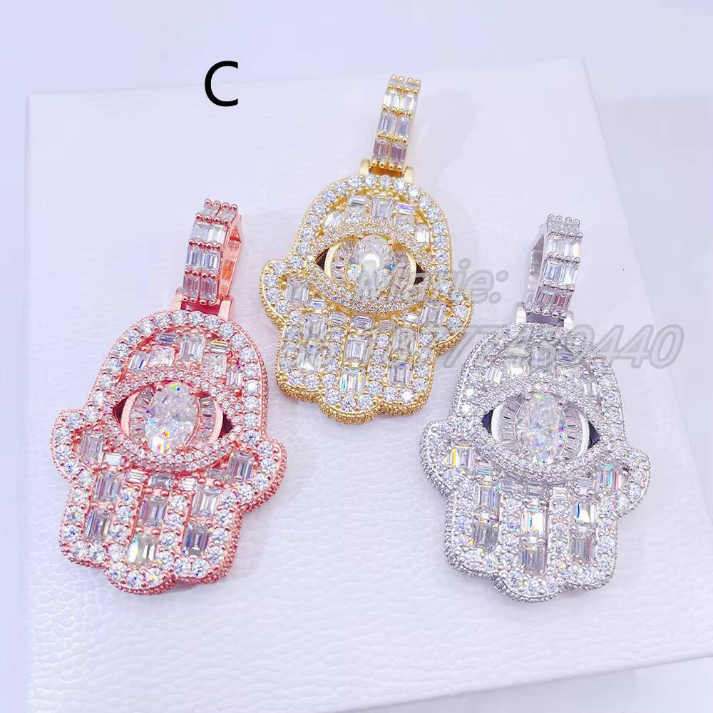 Iced Out Vvs Moissanite Hamsa Hand Pendant Charm Hip Hop Jewelry Diamond Hamsa Pendant Silver Jewelry Good Quality