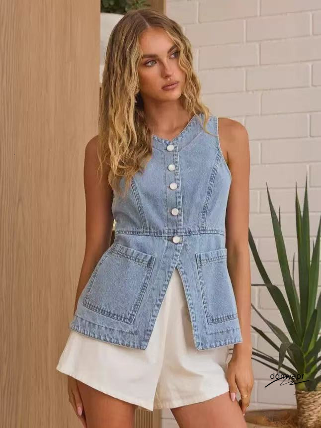 ddmyday Women's Summer Fashion Casual Slim-Fit Button-Up Denim Vest ddmyday ddmyday ddmyday