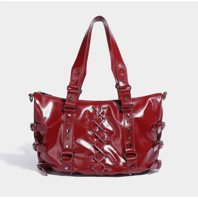 Rivet Decor Design Vintage Denim Women s Handbag Fashion High End Lace up Punk Motorcycle Bag Ladies Large Capacity Travel Bag