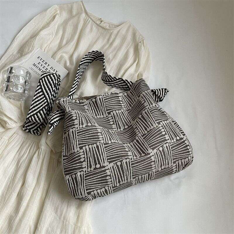 Underarm Forest Style Canvas Trendy Striped Shoulder Office Commute Large Capacity Women's Shopping Bag