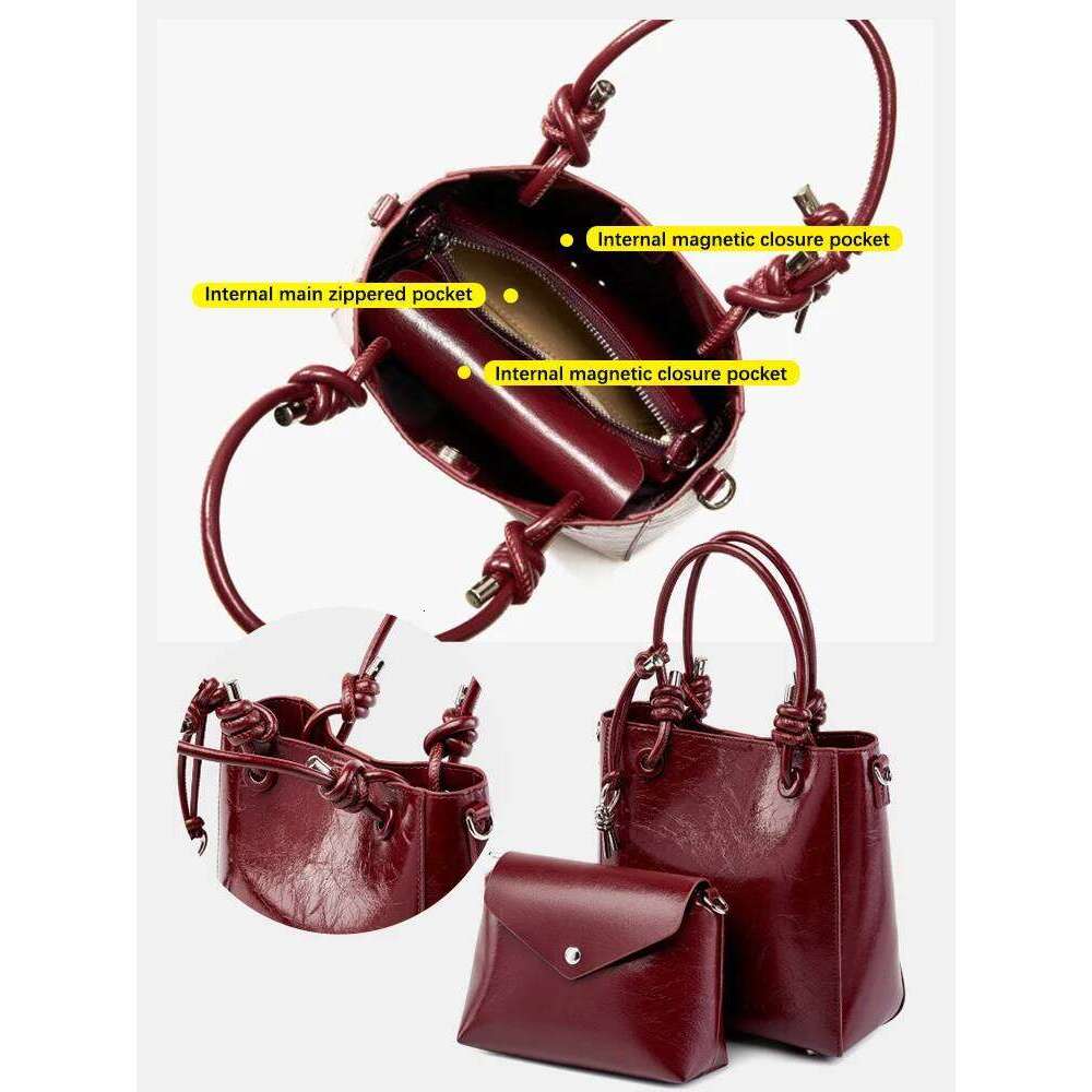 Zency Genuine Leather Shopper Shoulder Bucket Handbag Simple High Quality Women Tote New Cherry Red Black Composite Bag