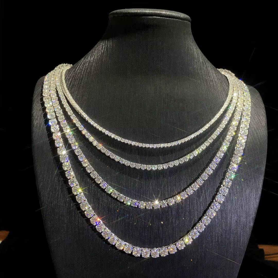 Wholesale D VVS Round 3MM 4MM 5MM 6MM Men Plated White Gold Moissanite Tennis Chain S925 Sterling Silver