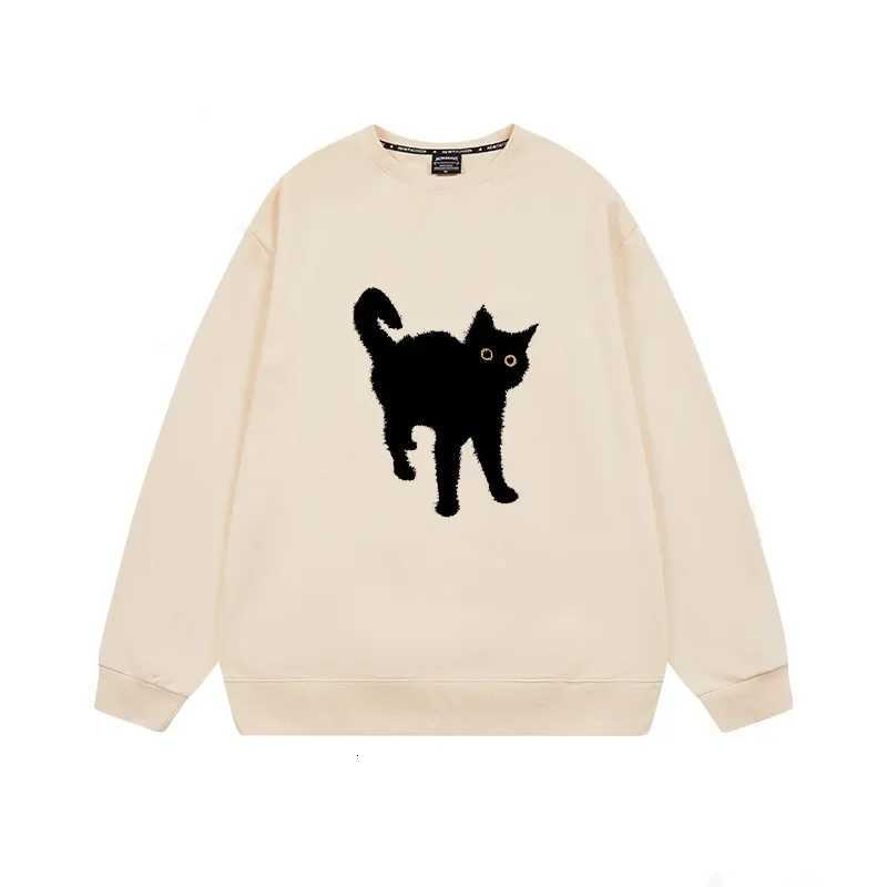 Womens Fleece Lined Oversized Long Sleeve Crew Neck Sweatshirt Cat Print Casual Loose Fit Autumn Winter Fashion Top Z250905
